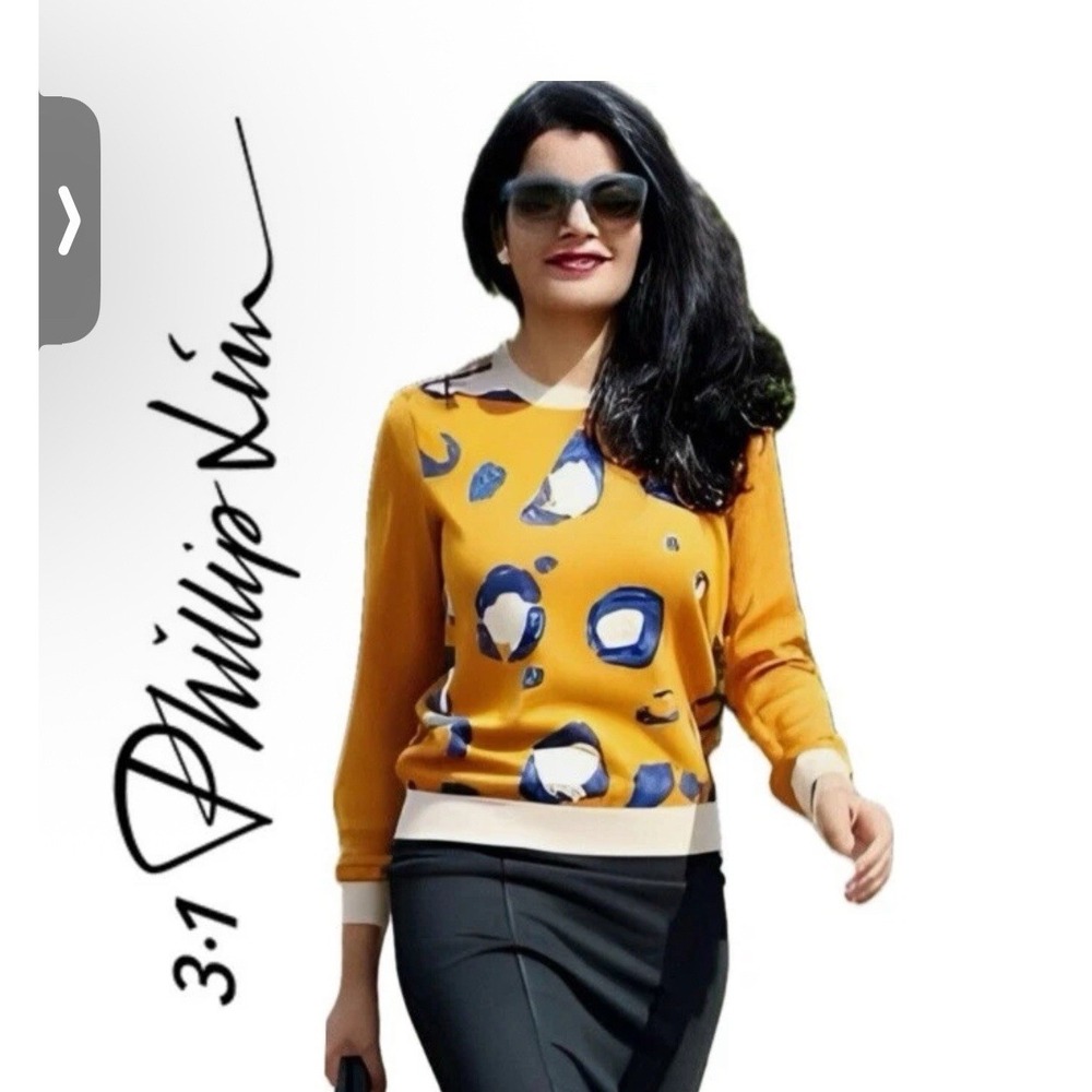 3.1PHILLIP LIM SWEATER SZ S MUSTARD PURPLE LEOPARD SPOTS PREPPY CHIC AESTHETIC - Picture 2 of 9